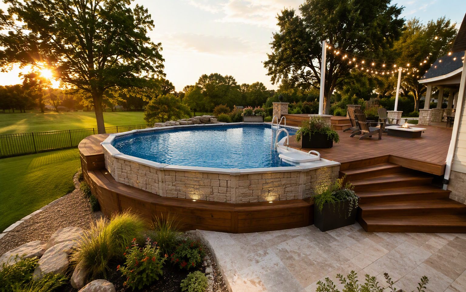 Premium above-ground pool with a wraparound cedar deck and string lights at dusk